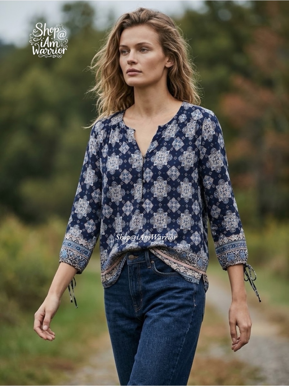 Lucky Brand NWT Navy Boho Medallion Print Blouson Tie Sleeve Top